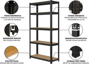 Regál 180x90x30 cm robustný lakovaný 5-policový, nosnosť 100 kg - čierny