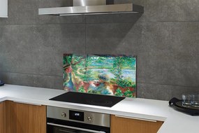 Sklenený obklad do kuchyne Art stretnutie pri jazere 140x70 cm