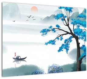 Sklenený obraz - Maľované jazero s loďkou (70x50 cm)