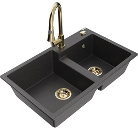 Mexen Tomas, 2-komorový granitový drez 800x500x190 mm a drezová batéria Elia, čierna škvrnitá, 6516-76-670101-50
