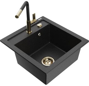 Mexen Vito, 1-komorový granitový drez 490x520x210 mm a drezová batéria Flora, čierna-strieborná metalíza, 6503-73-670401-57-G
