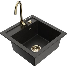 Mexen Vito, 1-komorový granitový drez a kuchynská batéria Telma, čierna-zlatý metalik, 6503-75-670200-50