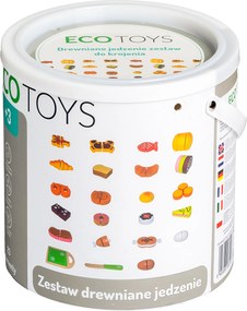 ECOTOYS Drevené jedlo na krájanie – 23 dielov, set s doskou a nožom pre deti 3+