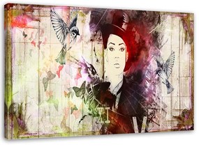 Obraz na plátně, Abstraktní žena klobouk ptáci - 120x80 cm