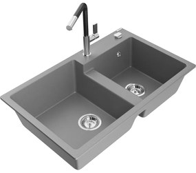 Mexen Tomas, 2-komorový granitový drez 800x500x190 mm a drezová batéria Flora, šedá, 6516-71-670401-07