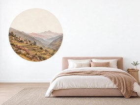 Dedina nad terasovitým údolím kruhová dekorácia v zemitých akvarelových tónoch na stenu do obývačky arch 46 x 46 cm