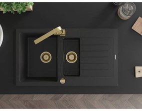 Mexen Matias, granitový drez 900x505x200 mm, 1,5-komorový a zlatá batéria Rita, čierna, 6502-77-670300-50