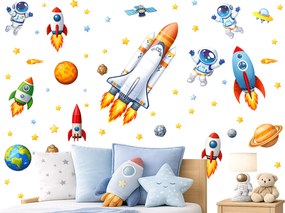 Vesmírna raketa textilní prelepiteľná nálepka na stenu hárok 46 x 38 cm