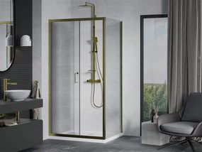 Mexen Apia sprchovací kút s posuvnými dverami 100 (dvere) x 70 (stena) cm, 5mm číre sklo, zlatý profil + biela sprchová vanička SLIM, 840-100-070-50-00-4010G