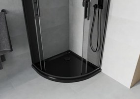 Mexen Rio, štvrťkruhový sprchovací kút s posuvnými dverami 80(dvere) x 80(dvere) x 190 cm, 6mm šedé sklo, čierny profil + čierna sprchová vanička SLIM, 863-080-080-70-40-4170B