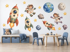 Retro rakety a malí kozmonauti retro vesmírne nálepky na stenu do detskej izby arch 46 x 34 cm