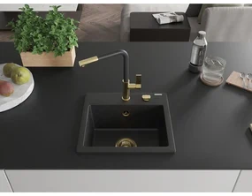 Mexen Milo, 1-komorový granitový drez 435x410x171 mm a drezová batéria Flora, čierna-strieborná metalíza, 6505-73-670401-57-G