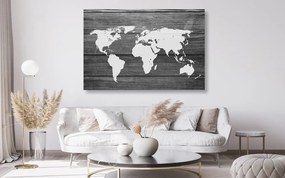 Obraz na korku čiernobiela moderná mapa sveta na drevenom podklade