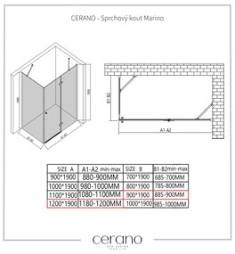 Cerano Marino, sprchovací kút 120(dvere) x 90(stena) x 190 cm, 6mm číre sklo, čierny profil, CER-CER-422904