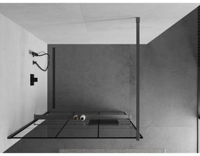 Mexen Kioto+, sprchová zástena Walk-In s poličkou a vešiakom 110 x 200 cm, 8mm číre sklo čierny vzor, grafitový profil, 800-110-121-95-77