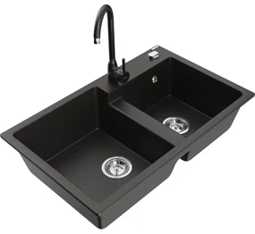 Mexen Tomas, granitový drez 800x500x190 mm, 2-komorový a čierna batéria Telma, čierna-zlatá metalíza, 6516-75-670200-70