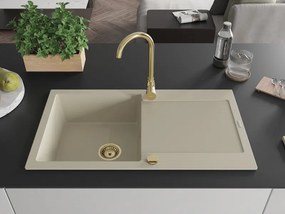 Mexen Leo granitový drez s 1 komorou a odkvapkávačom 900 x 500 mm, béžový, sifón zlatý - 6501901010-69-G