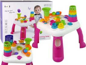LEAN Toys Interaktívny vzdelávací stolík s triedičom a šmykľavkou pre loptičky ružový