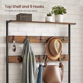 Vešiak na kabáty s 9 háčikmi a lavicou na topánky, rustikálny hnedý