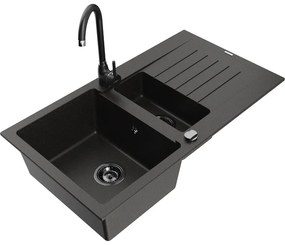 Mexen Matias, granitový drez 900x505x200 mm, 1,5-komorový a čierna batéria Telma, čierna-zlatá metalíza, 6502-75-670200-70-B