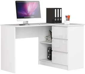 Rohový kancelársky stôl B16 124 cm pravý, biely / biely lesk