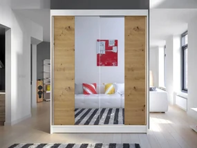 Skriňa s posuvnými dverami Belgia II, Farby: kašmír /kašmír + zrkadlo, Osvetlenie: osvetlenie LED RGB - farebné