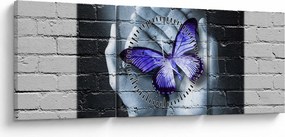 Obraz - Fialový motýľ na stene (s hodinami) (90x30 cm)