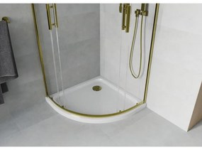 Mexen Rio, štvrťkruhový sprchovací kút s posuvnými dverami 80(dvere) x 80(dvere) x 190 cm, 6mm číre sklo, zlatý profil + biela sprchová vanička SLIM, 863-080-080-50-00-4110G