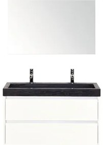 Kúpeľňový nábytkový set Dante 100 cm s umývadlom z prírodného kameňa 2 otvormi na kohúty a zrkadlom biela vysoko lesklá