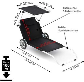 Plážové lehátko so strieškou a funkciou vozíka, 150x60x90 cm