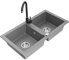 Mexen Mario, 2-komorový granitový drez 820x436x161 mm a čierna drezová batéria Telma, šedá, 6504-71-670200-70