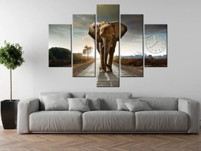 Gario Obraz s hodinami Osamelý silný slon - 5 dielny Rozmery: 150 x 105 cm