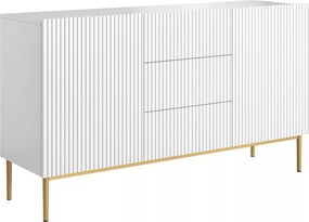 Biela komoda Nicole 150 cm so zásuvkami a ryhovaným čelom - matná biela / zlaté nohy