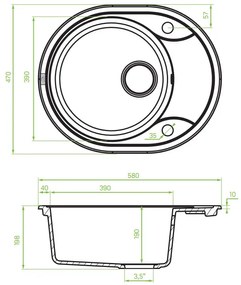 Laveo Dafne, 1-komorový granitový drez 580x470x198 mm, šedá, LAV-SBD_583T