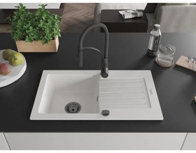 Mexen Pablo, 1-komorový granitový drez 752x436x161 mm a drezová batéria Aster, biela, 6510-20-73450-70-B