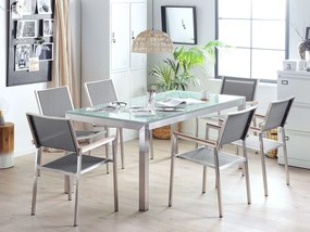 Sada záhradného nábytku stôl s bielou sklenenou doskou 180 x 90 cm 6 sivých stoličiek GROSSETO Beliani