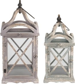 2ks sivá antik drevená lampáš - 33*33*73 / 25*25*56 cm