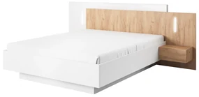 Manželská posteľ 160 cm s nočnými stolíkmi Three (s úložným priestorom) (s osvetlením) (dub craft zlatý + biela). Akcia -21%. Vlastná spoľahlivá doprava až k Vám domov. 1071396