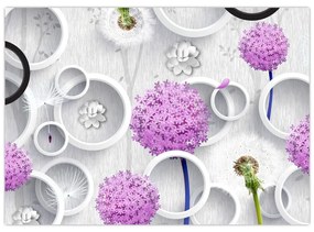 Sklenený obraz 3D abstrakcie s kruhmi a kvetinami (70x50 cm)