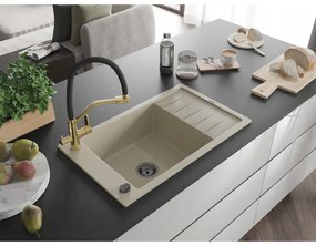 Mexen Elias, 1-komorový granitový drez 795x480x200 mm a drezová batéria Duo, béžová, 6511-69-671701-57-B