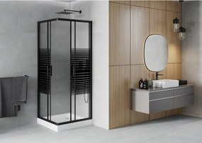 Mexen Rio, štvorcový sprchovací kút s posuvnými dverami 70(dvere) x 70(dvere) x 190 cm, 6mm číre sklo s pásikmi, čierny profil + biela sprchová vanička RIO, 860-070-070-70-20-4510
