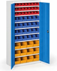 Skriňa s plastovými boxami BASIC - 1800 x 400 x 920 mm, 24xA/24xB/12xC, sivá/modré dvere