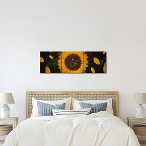 Obraz - Slnečnice a lístky kvetov (s hodinami) (90x30 cm)