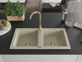 Mexen Mario, granitový drez 820x436x161 mm, 2-komorový, béžová so zlatým sifónom, 6504822000-69-G