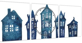 Obraz - Modré akvarelové domčeky (s hodinami) (90x30 cm)