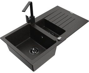 Mexen Matias, granitový drez 900x505x200 mm, 1,5-komorový a čierna batéria Rita, čierna-zlatá metalíza, 6502-75-670300-70-B