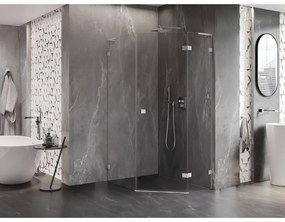 Mexen Lunar, L pravý výklopný päťuholníkový sprchový kút 90x100 cm, 8mm číre sklo, oceľový profil, 831L-090P-100L-97-00-P
