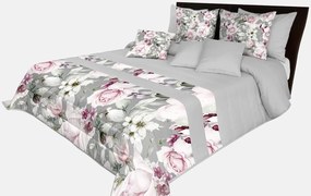 Romantický prehoz na posteľ v šedej farbe s nádhernými ružovými kvetinami rôznych druhov