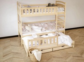 Detská poschodová posteľ z masívu BOHDANA s prístelkou a šuplíky - 200x90 cm - PRÍRODNÁ BOROVICA