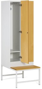 Šatníková skrinka S1 s lavičkou, 2 oddiely, 1875 x 600 x 500/800 mm, demont, zámok s čítačkou RFID kariet, laminované dvere, breza